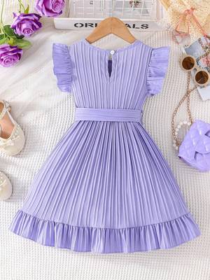 Purple blue pleated solid georgette fit & flare girls dress 2
