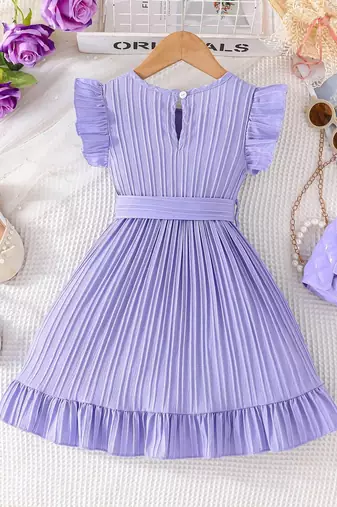 Purple blue pleated solid georgette fit & flare girls dress