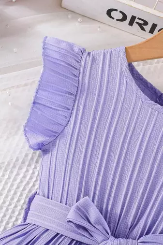 Purple blue pleated solid georgette fit & flare girls dress