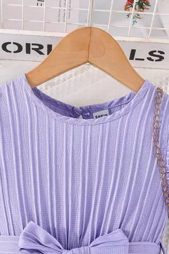 Purple blue pleated solid georgette fit & flare girls dress