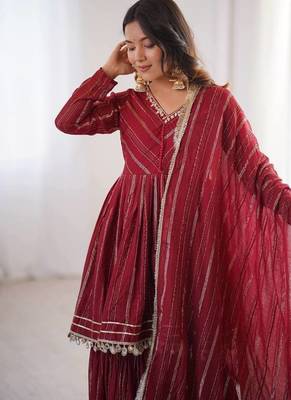 Maroon Color Real Mirror With Handwork Mal Chanderi Kurti Sharara Set 1