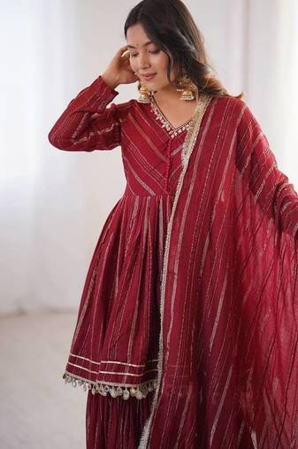Maroon Color Real Mirror With Handwork Mal Chanderi Kurti Sharara Set