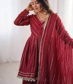 Maroon Color Real Mirror With Handwork Mal Chanderi Kurti Sharara Set