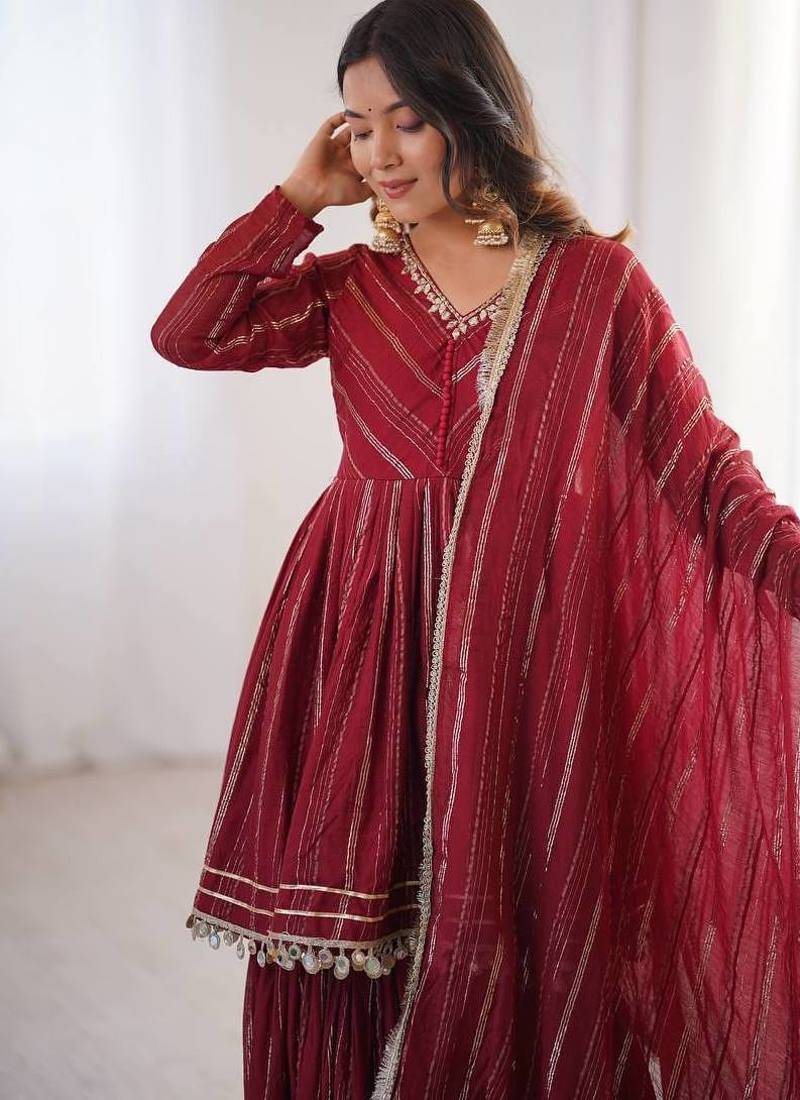 Maroon Color Real Mirror With Handwork Mal Chanderi Kurti Sharara Set