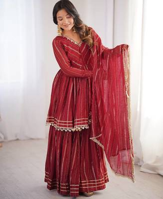 Maroon Color Real Mirror With Handwork Mal Chanderi Kurti Sharara Set 2
