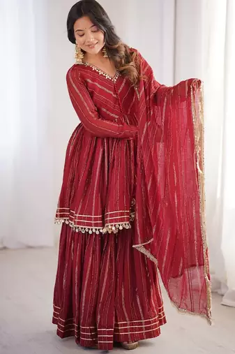 Maroon Color Real Mirror With Handwork Mal Chanderi Kurti Sharara Set