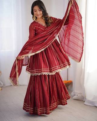 Maroon Color Real Mirror With Handwork Mal Chanderi Kurti Sharara Set 4