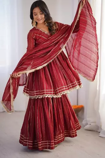 Maroon Color Real Mirror With Handwork Mal Chanderi Kurti Sharara Set