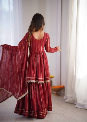 Maroon Color Real Mirror With Handwork Mal Chanderi Kurti Sharara Set 5