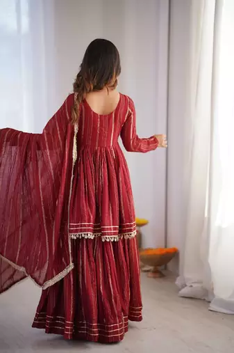 Maroon Color Real Mirror With Handwork Mal Chanderi Kurti Sharara Set