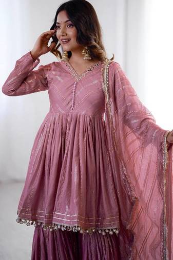 Onion Pink Color Real Mirror With Handwork Mal Chanderi Kurti Sharara Set