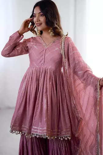 Onion Pink Color Real Mirror With Handwork Mal Chanderi Kurti Sharara Set