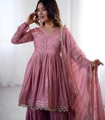 Onion Pink Color Real Mirror With Handwork Mal Chanderi Kurti Sharara Set