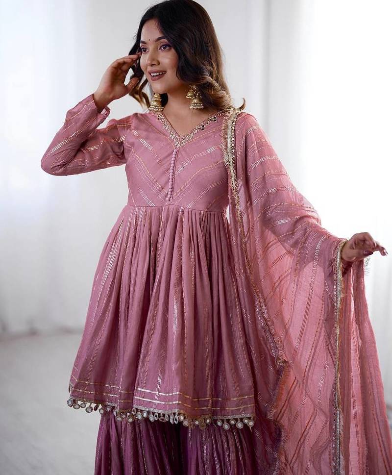 Onion Pink Color Real Mirror With Handwork Mal Chanderi Kurti Sharara Set