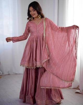Onion Pink Color Real Mirror With Handwork Mal Chanderi Kurti Sharara Set 2