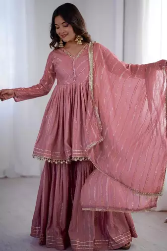 Onion Pink Color Real Mirror With Handwork Mal Chanderi Kurti Sharara Set