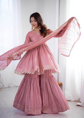 Onion Pink Color Real Mirror With Handwork Mal Chanderi Kurti Sharara Set 3
