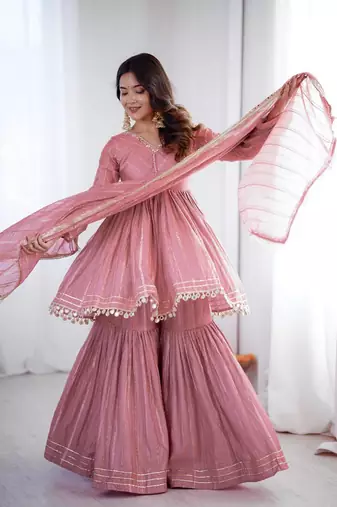 Onion Pink Color Real Mirror With Handwork Mal Chanderi Kurti Sharara Set