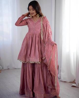 Onion Pink Color Real Mirror With Handwork Mal Chanderi Kurti Sharara Set 4