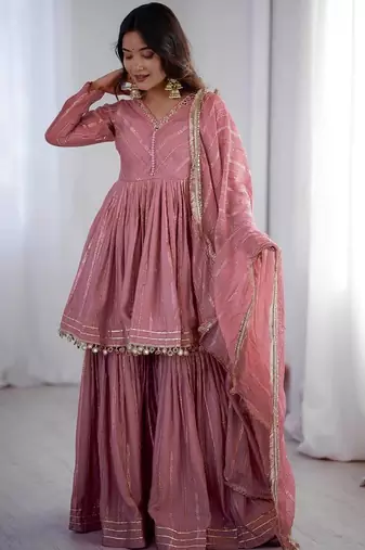 Onion Pink Color Real Mirror With Handwork Mal Chanderi Kurti Sharara Set