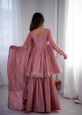 Onion Pink Color Real Mirror With Handwork Mal Chanderi Kurti Sharara Set 5