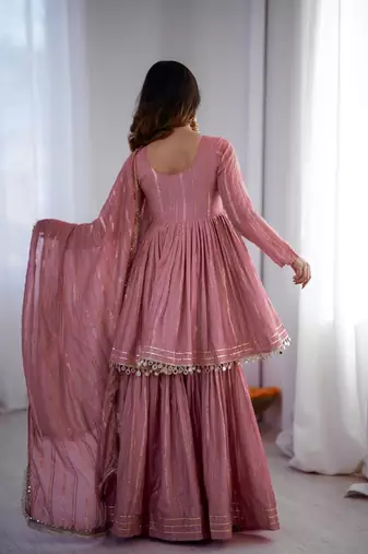 Onion Pink Color Real Mirror With Handwork Mal Chanderi Kurti Sharara Set