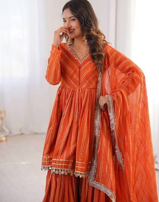 Orange Color Real Mirror With Handwork Mal Chanderi Kurti Sharara Set 2