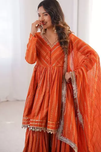 Orange Color Real Mirror With Handwork Mal Chanderi Kurti Sharara Set