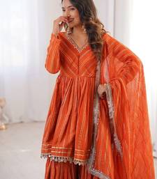 Orange Color Real Mirror With Handwork Mal Chanderi Kurti Sharara Set