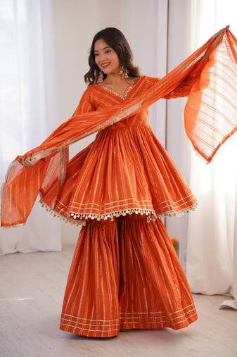Orange Color Real Mirror With Handwork Mal Chanderi Kurti Sharara Set