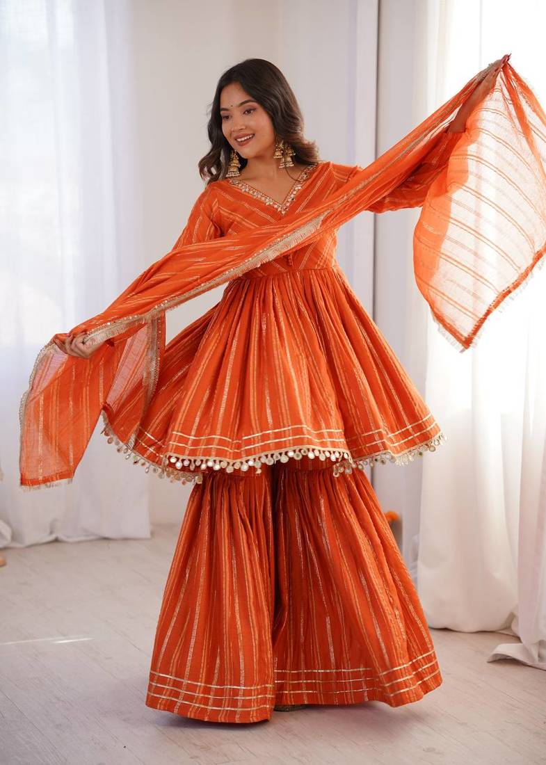 Orange Color Real Mirror With Handwork Mal Chanderi Kurti Sharara Set