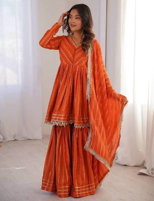 Orange Color Real Mirror With Handwork Mal Chanderi Kurti Sharara Set 3
