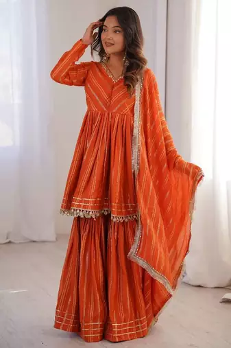 Orange Color Real Mirror With Handwork Mal Chanderi Kurti Sharara Set