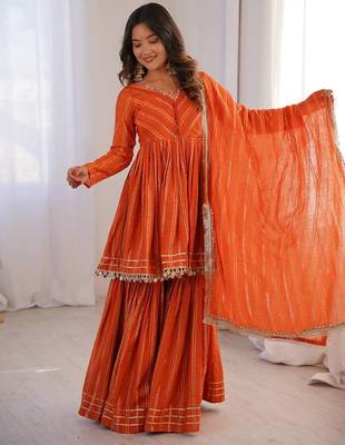 Orange Color Real Mirror With Handwork Mal Chanderi Kurti Sharara Set 4