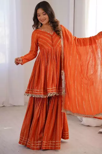 Orange Color Real Mirror With Handwork Mal Chanderi Kurti Sharara Set