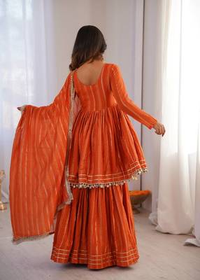 Orange Color Real Mirror With Handwork Mal Chanderi Kurti Sharara Set 5