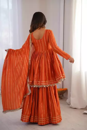 Orange Color Real Mirror With Handwork Mal Chanderi Kurti Sharara Set