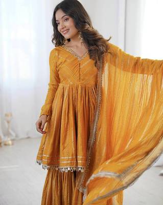 Yellow Color Real Mirror With Handwork Mal Chanderi Kurti Sharara Set 1