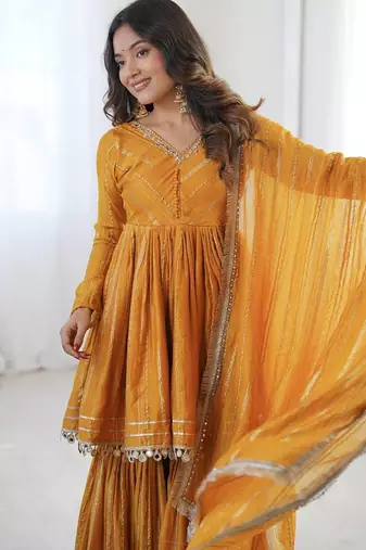 Yellow Color Real Mirror With Handwork Mal Chanderi Kurti Sharara Set