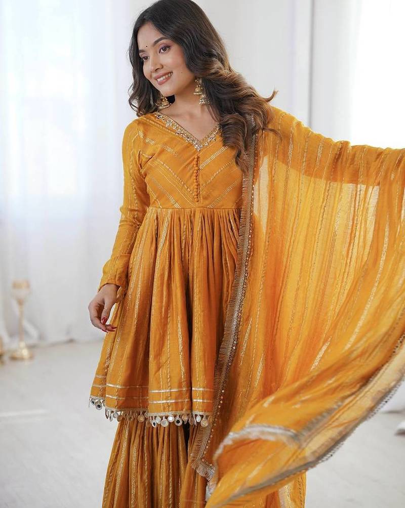 Yellow Color Real Mirror With Handwork Mal Chanderi Kurti Sharara Set