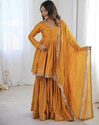 Yellow Color Real Mirror With Handwork Mal Chanderi Kurti Sharara Set 3