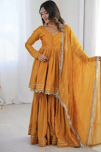 Yellow Color Real Mirror With Handwork Mal Chanderi Kurti Sharara Set
