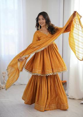 Yellow Color Real Mirror With Handwork Mal Chanderi Kurti Sharara Set 4