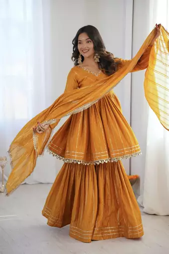 Yellow Color Real Mirror With Handwork Mal Chanderi Kurti Sharara Set