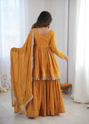 Yellow Color Real Mirror With Handwork Mal Chanderi Kurti Sharara Set 5