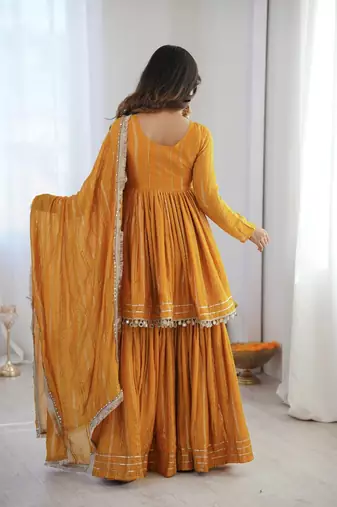 Yellow Color Real Mirror With Handwork Mal Chanderi Kurti Sharara Set