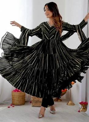 Black Color Real Mirror Work With Handwork mal Chanderi Gown Set 1