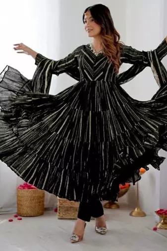Black Color Real Mirror Work With Handwork mal Chanderi Gown Set