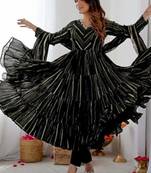 Black Color Real Mirror Work With Handwork mal Chanderi Gown Set