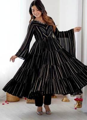 Black Color Real Mirror Work With Handwork mal Chanderi Gown Set 2